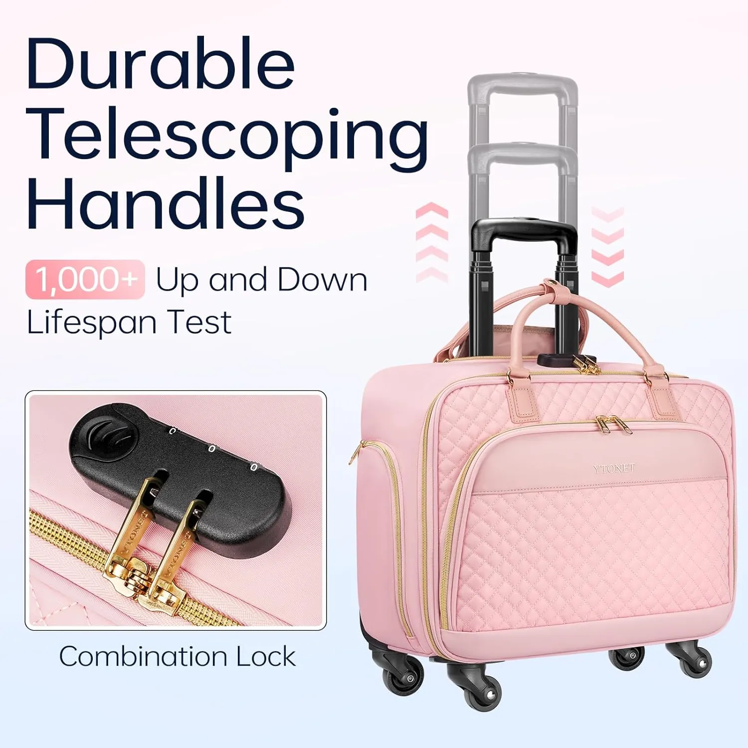 Ytonet Rolling Briefcase for Women, 17.3 Inch Laptop Bag with Lock, Water Resistant Overnight Computer Bag on Wheels Roller Bag for Travel Business Work School Weekender Teacher, Pink