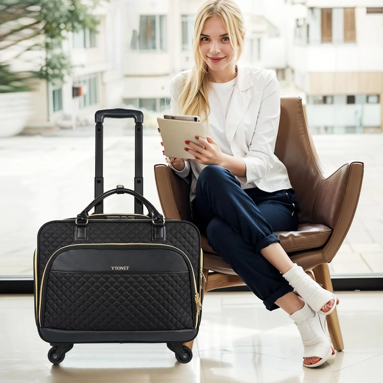 Ytonet Rolling Briefcase for Women, 17.3 Inch Rolling Laptop Bag with 4 Spinner Wheels, Water Rresistant Wheeled Computer Bag with Lock, Large Rolling Bag for Travel Business Overnight Teacher, Black