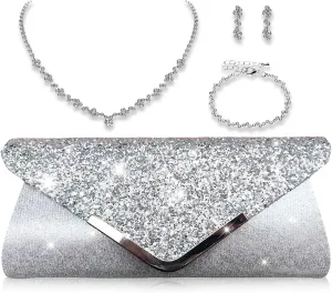 YYW 4 Pieces Women Evening Handbags Clutch Purses Shoulder Bag with Rhinestone Jewelry Set for Party Wedding