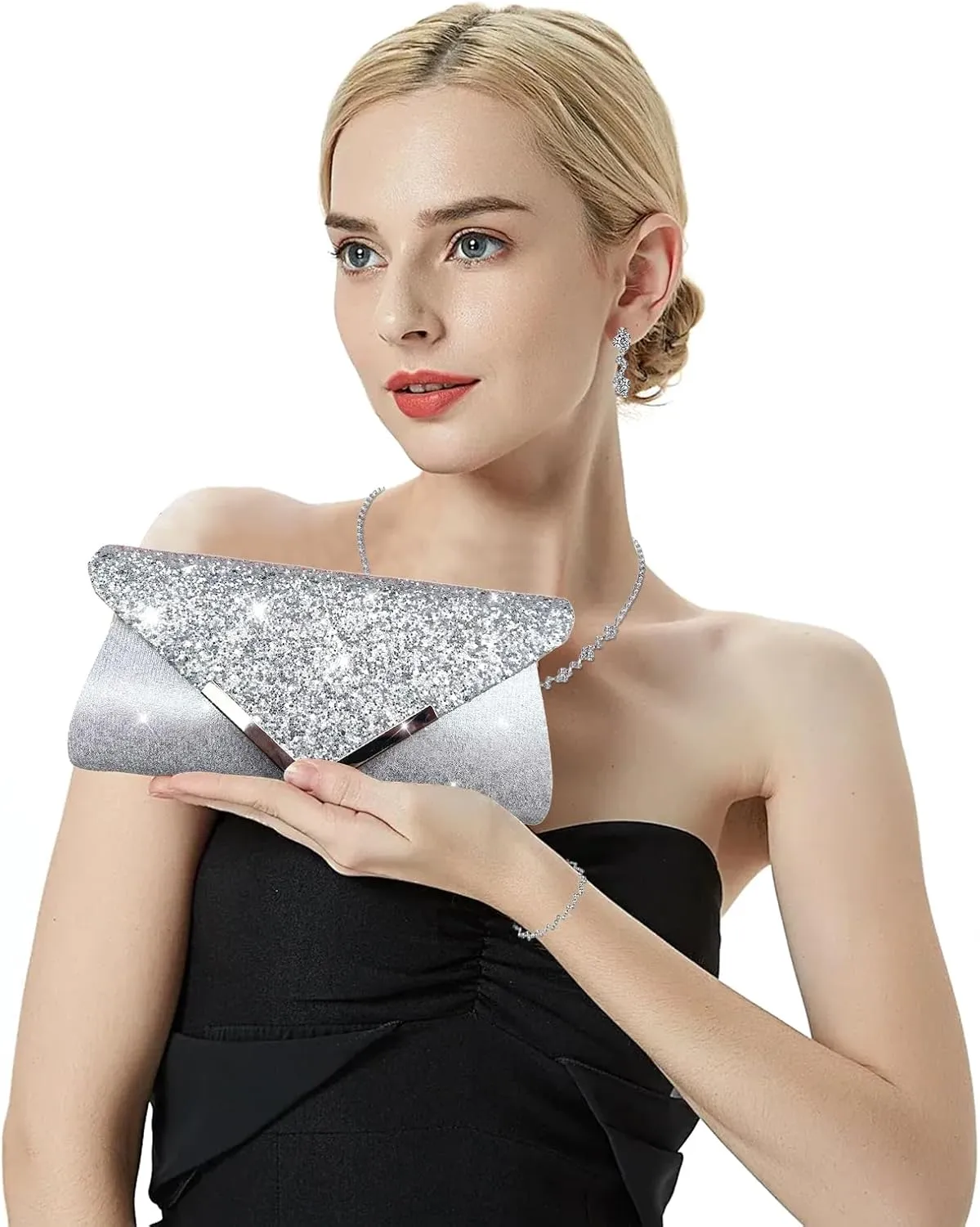 YYW 4 Pieces Women Evening Handbags Clutch Purses Shoulder Bag with Rhinestone Jewelry Set for Party Wedding