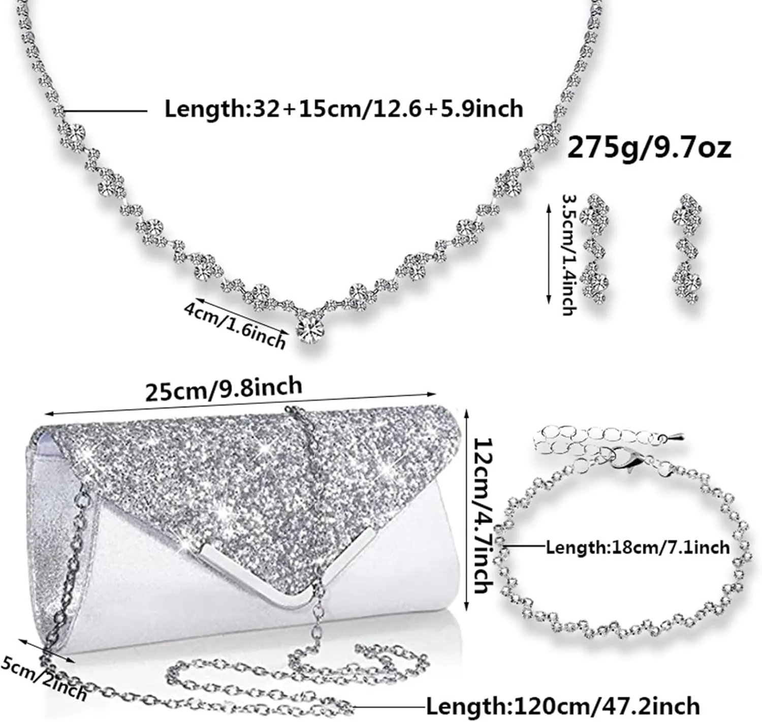 YYW 4 Pieces Women Evening Handbags Clutch Purses Shoulder Bag with Rhinestone Jewelry Set for Party Wedding