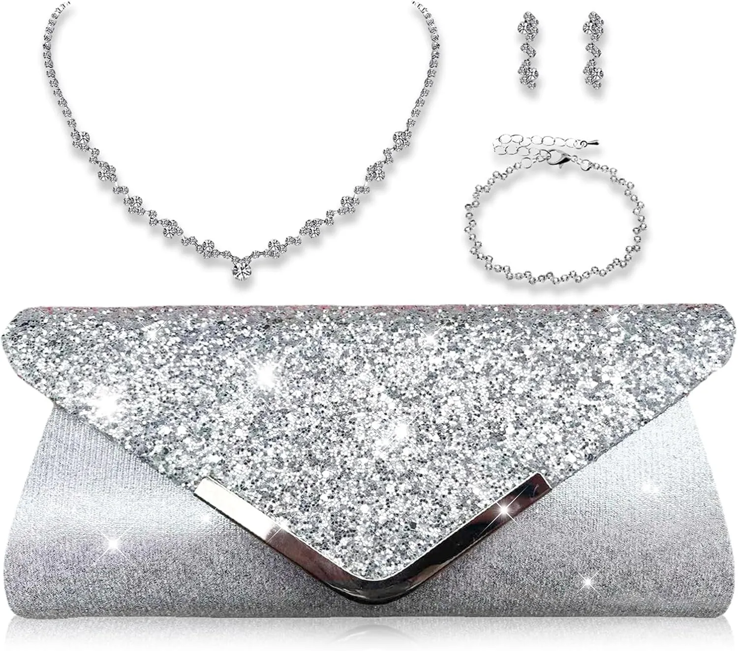 YYW 4 Pieces Women Evening Handbags Clutch Purses Shoulder Bag with Rhinestone Jewelry Set for Party Wedding