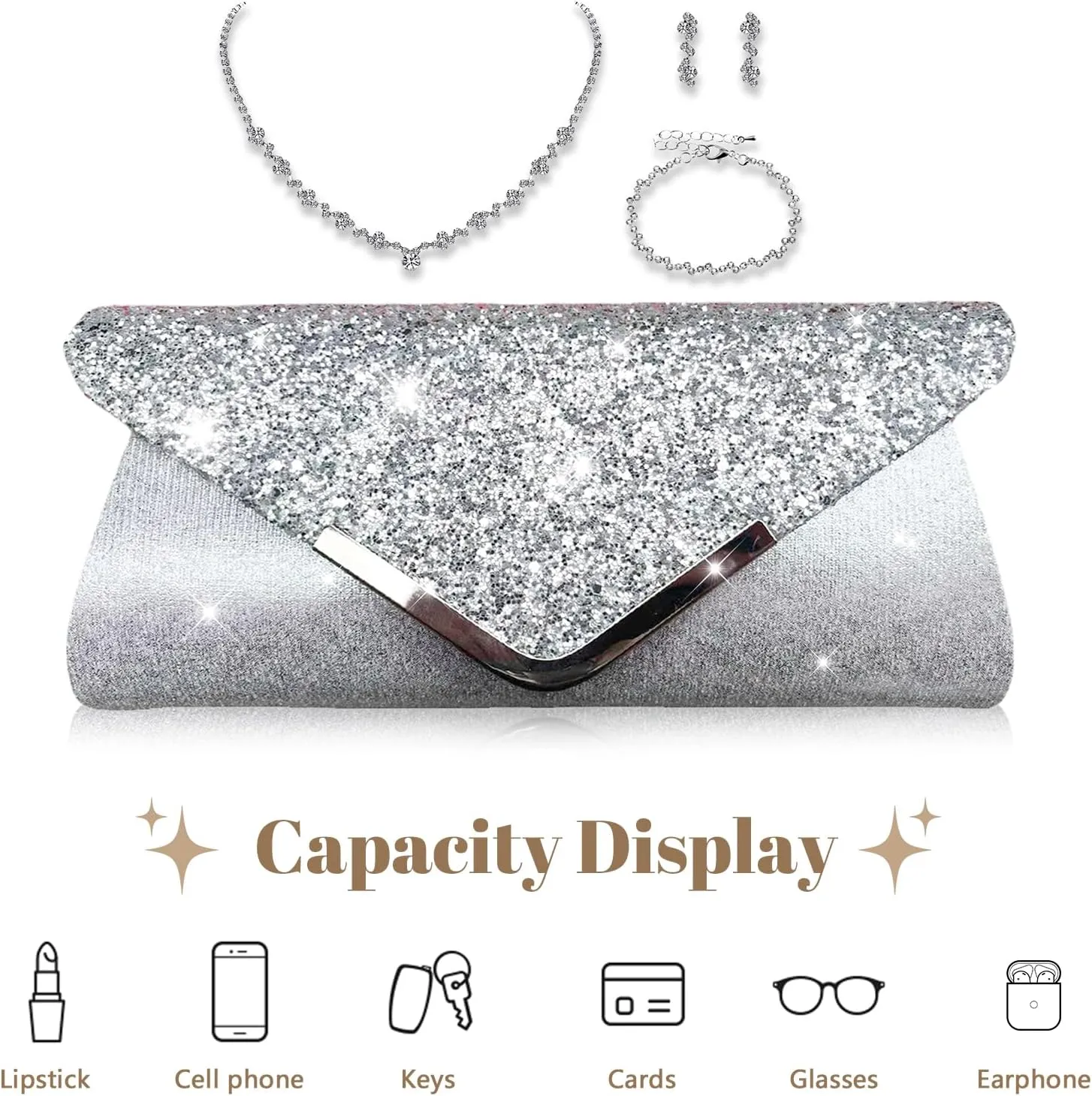 YYW 4 Pieces Women Evening Handbags Clutch Purses Shoulder Bag with Rhinestone Jewelry Set for Party Wedding