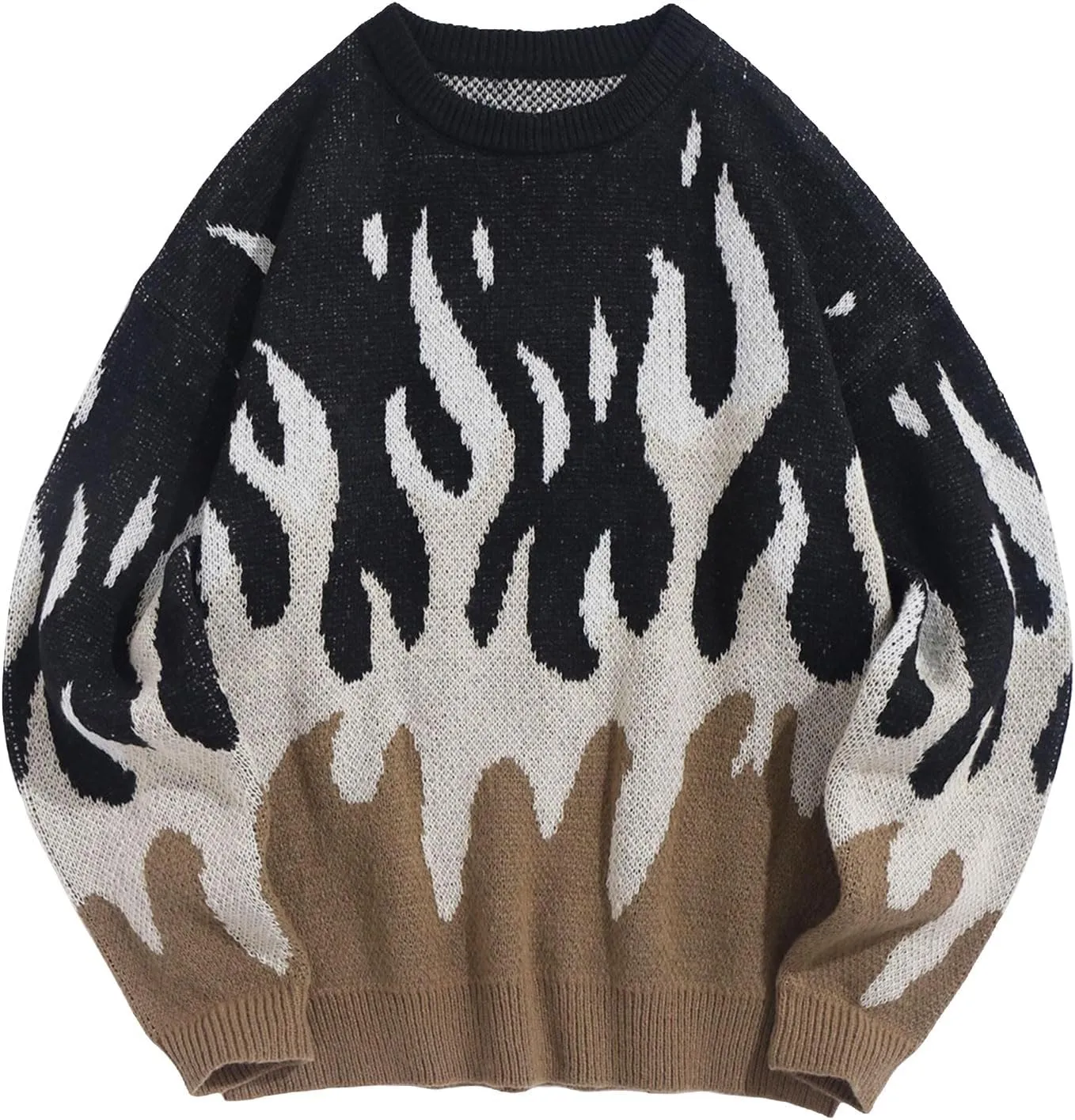 ZAFUL Men's Oversized Sweater Y2K Aesthetic Flame Graphic Crewneck Knit Pullover Unisex Casual Sweaters