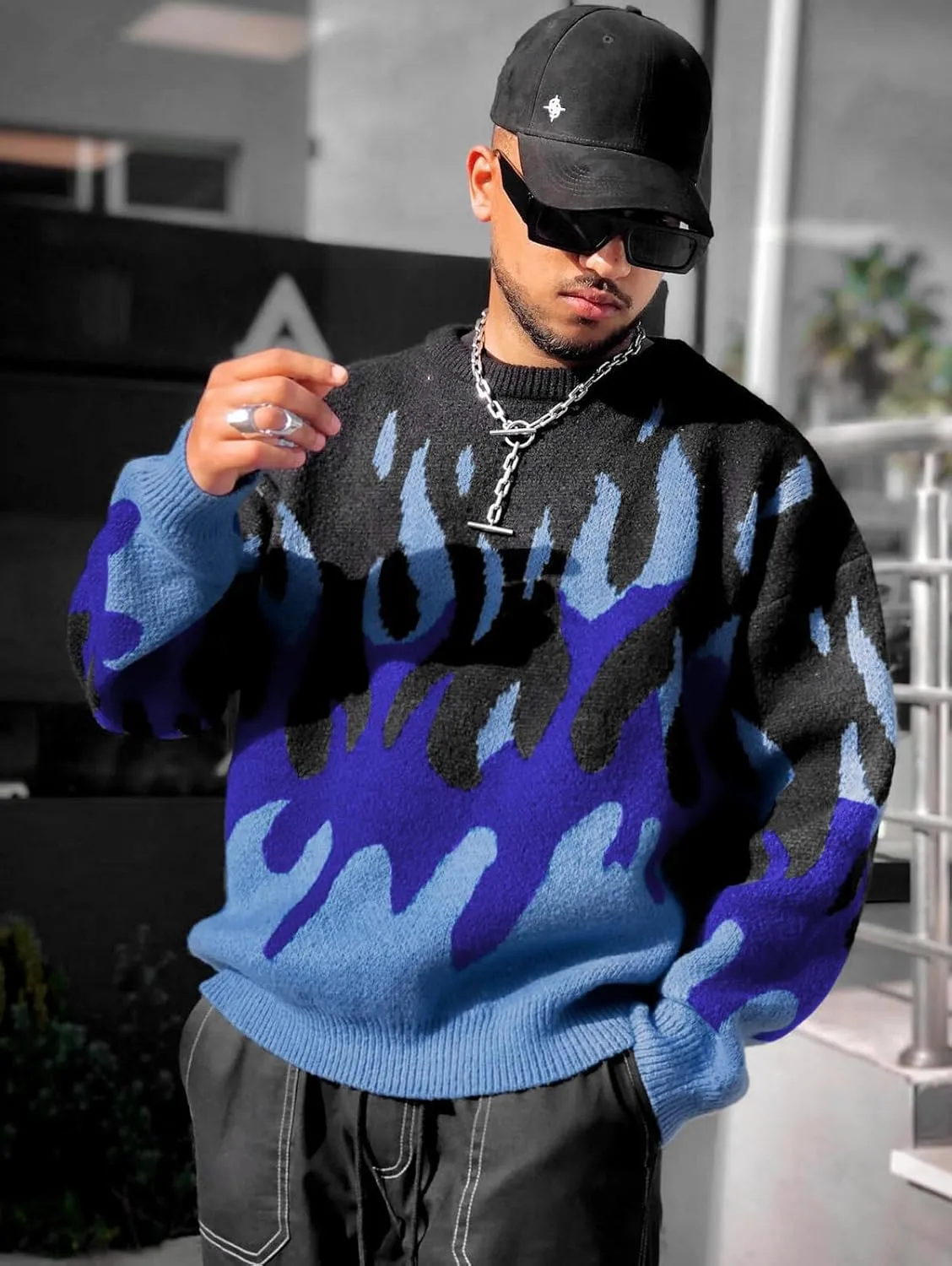 ZAFUL Men's Oversized Sweater Y2K Aesthetic Flame Graphic Crewneck Knit Pullover Unisex Casual Sweaters