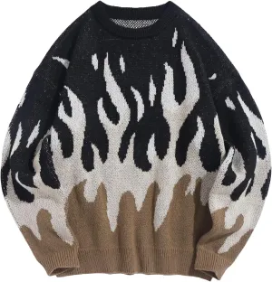ZAFUL Men's Oversized Sweater Y2K Aesthetic Flame Graphic Crewneck Knit Pullover Unisex Casual Sweaters