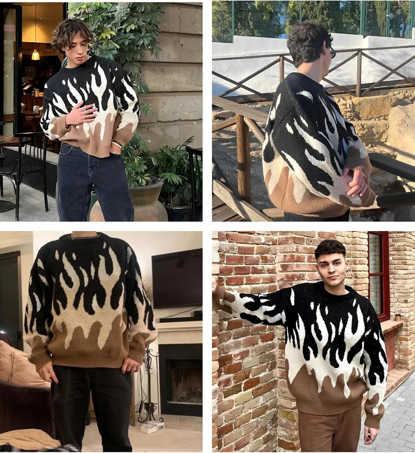 ZAFUL Men's Oversized Sweater Y2K Aesthetic Flame Graphic Crewneck Knit Pullover Unisex Casual Sweaters