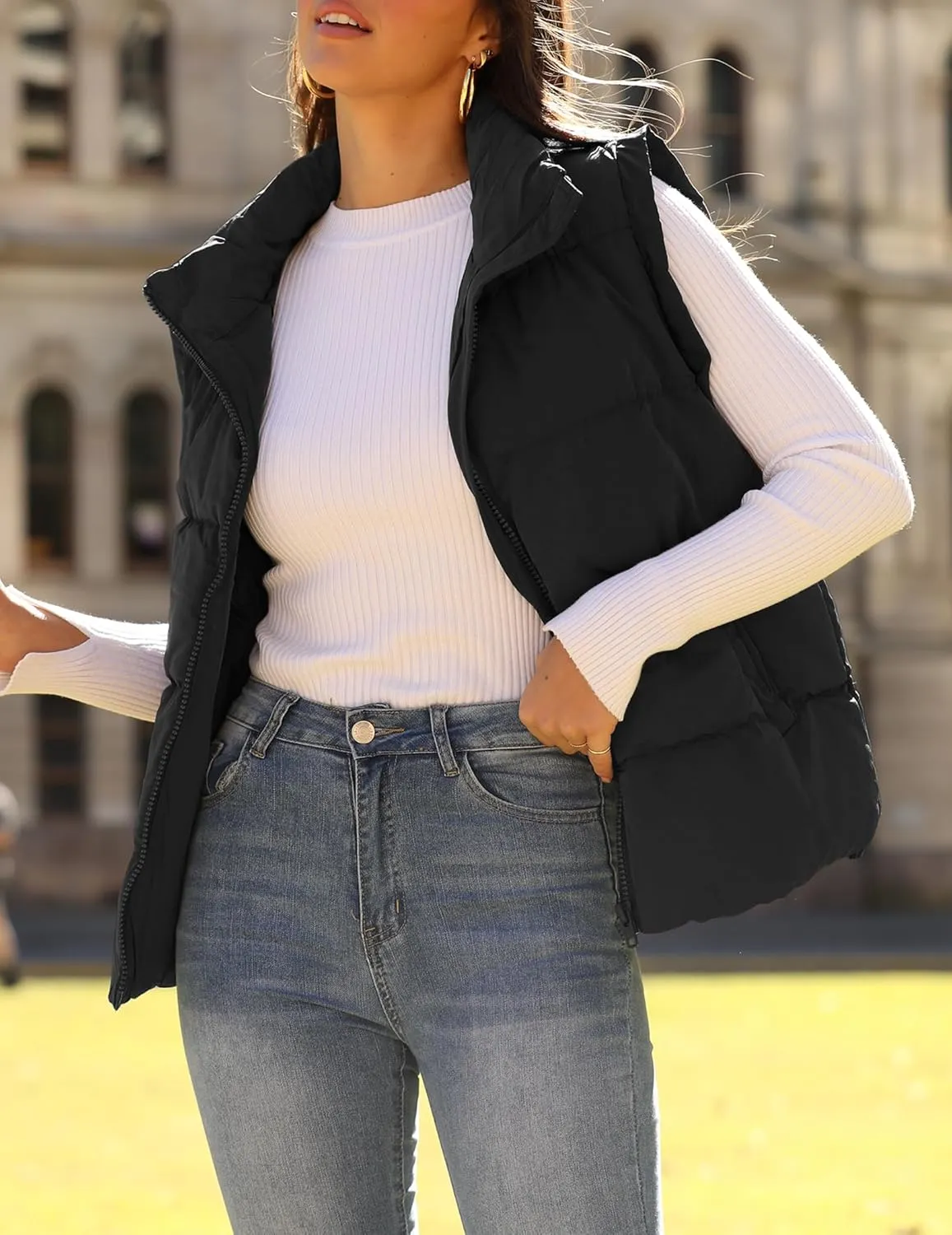 Zeagoo Women Sleeveless Warm Jackets Casual Stand Collar Puffer Vest Zip Up Quilted Jacket Winter Outerwear Coat