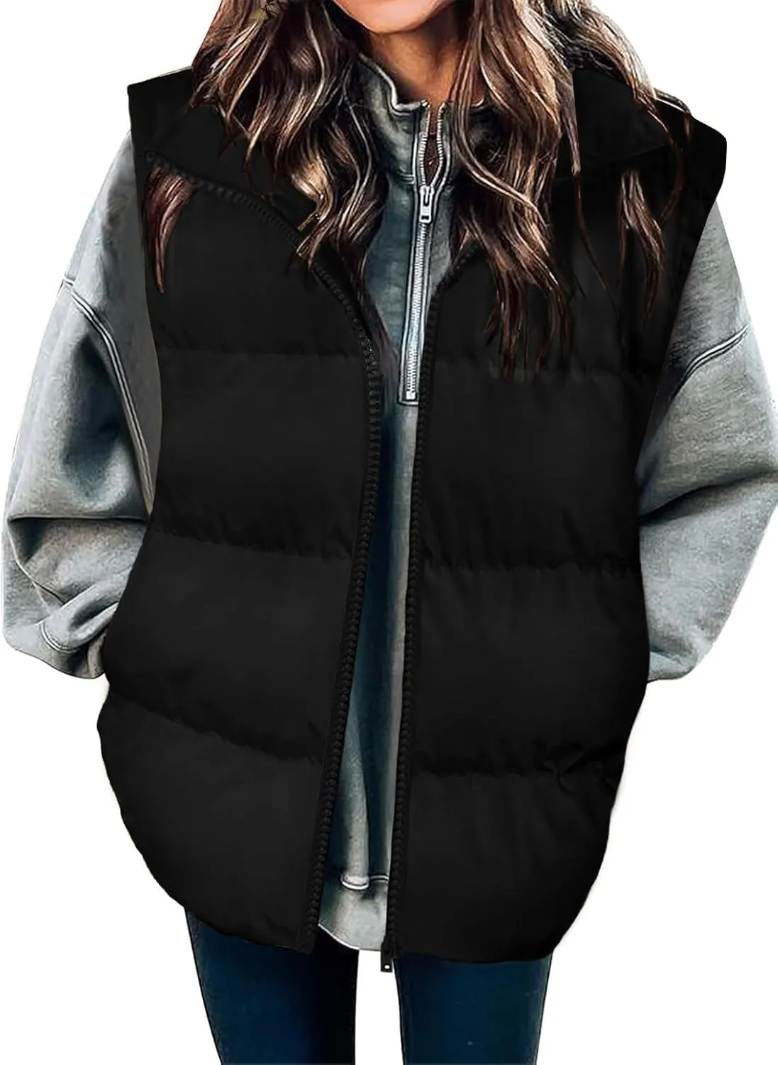 Zeagoo Women Sleeveless Warm Jackets Casual Stand Collar Puffer Vest Zip Up Quilted Jacket Winter Outerwear Coat