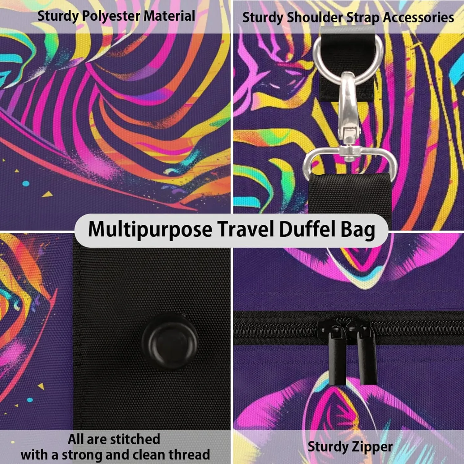 Zebra Travel Bag for Men Women, Gym Duffle Bags for Travel, Carry On Luggage Bag, Weekender Overnight Workout Bags
