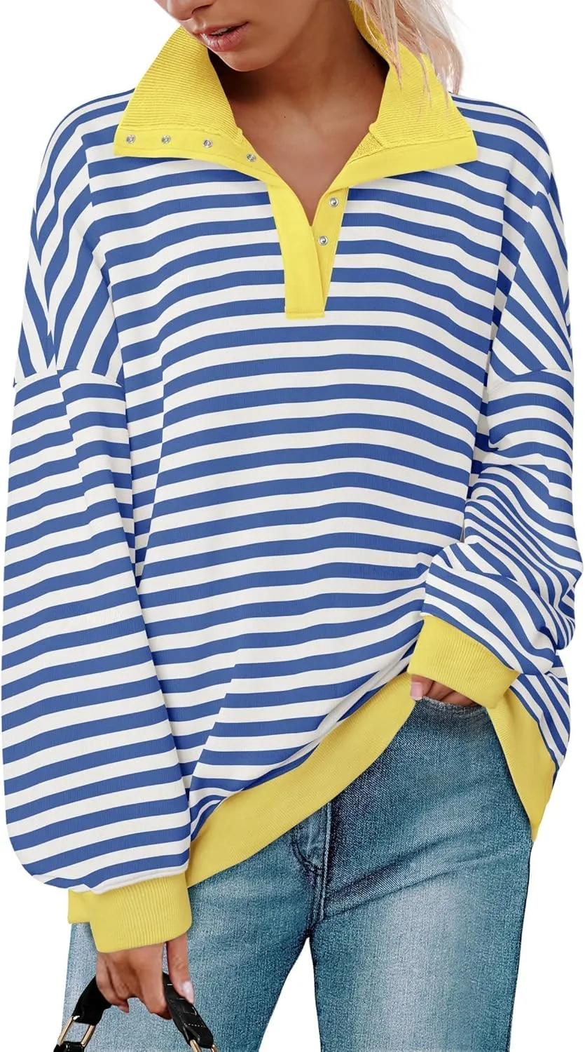 ZESICA Sweatshirts for Womens Long Sleeve Lapel V Neck Striped Oversized Tops