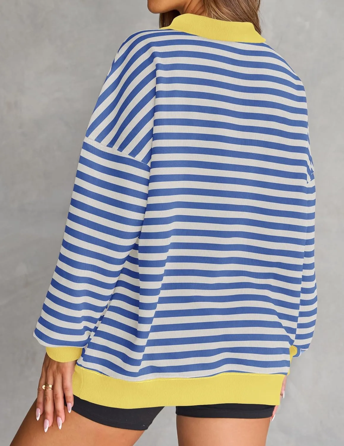 ZESICA Sweatshirts for Womens Long Sleeve Lapel V Neck Striped Oversized Tops