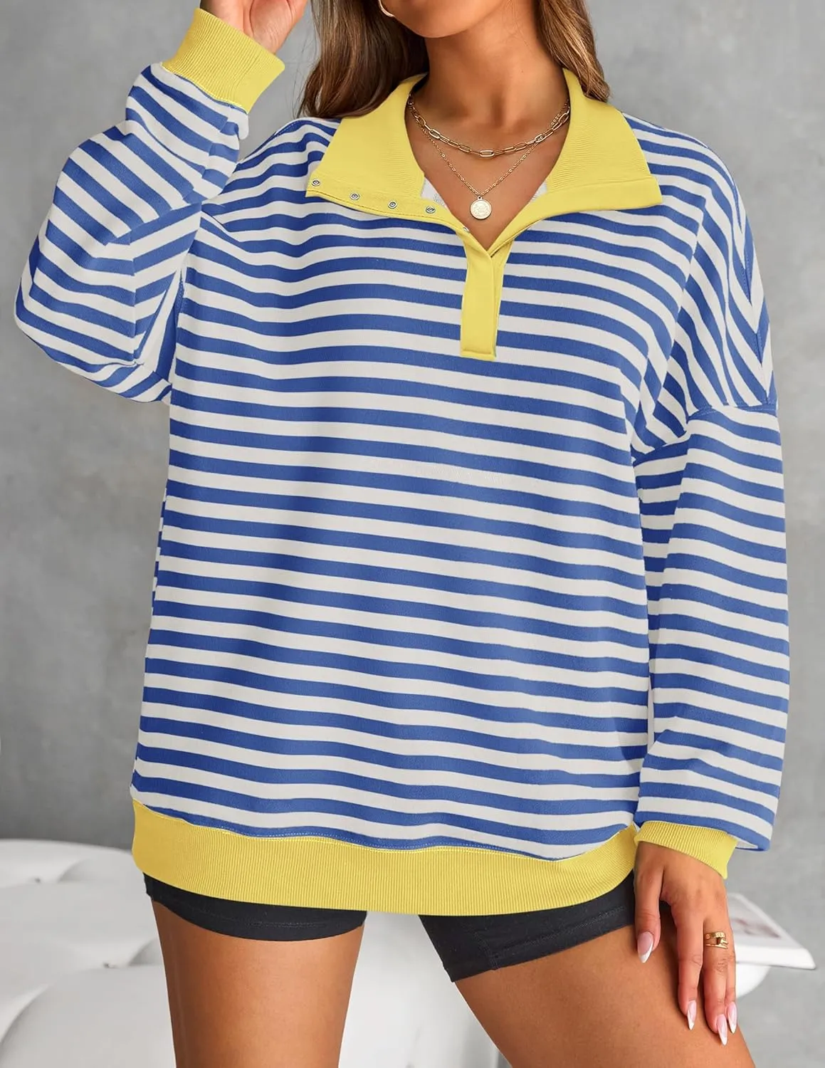 ZESICA Sweatshirts for Womens Long Sleeve Lapel V Neck Striped Oversized Tops
