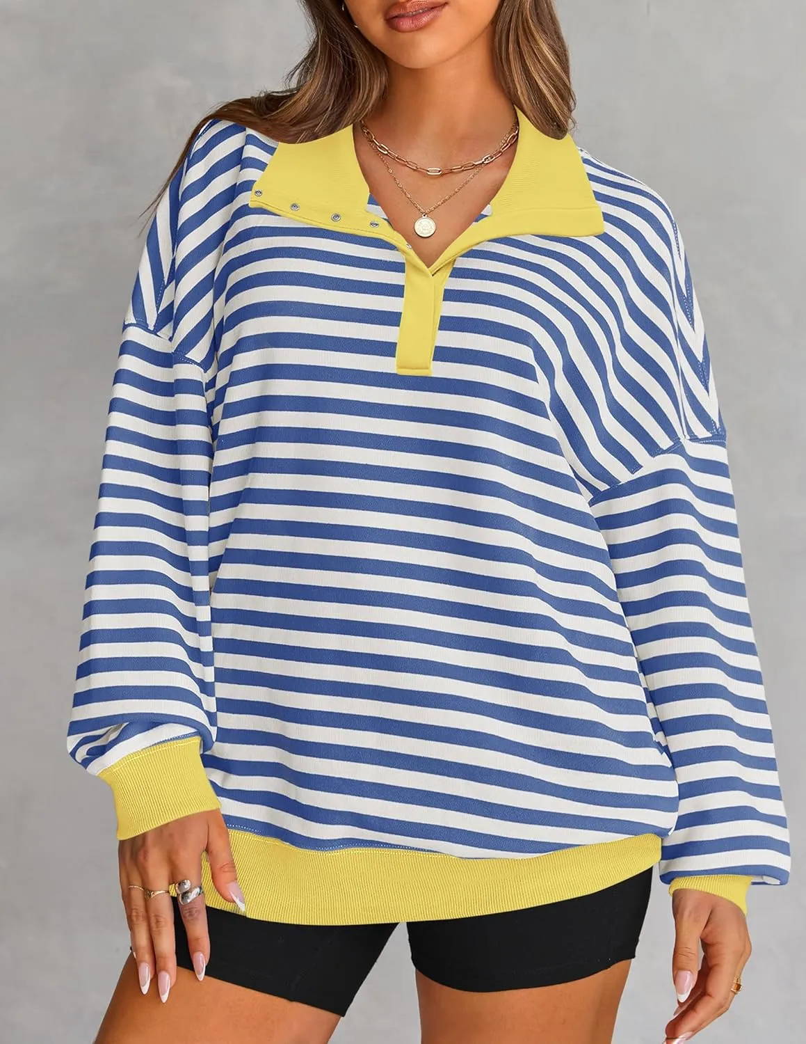 ZESICA Sweatshirts for Womens Long Sleeve Lapel V Neck Striped Oversized Tops