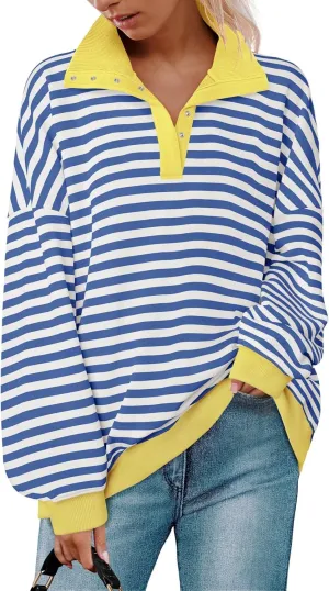 ZESICA Sweatshirts for Womens Long Sleeve Lapel V Neck Striped Oversized Tops