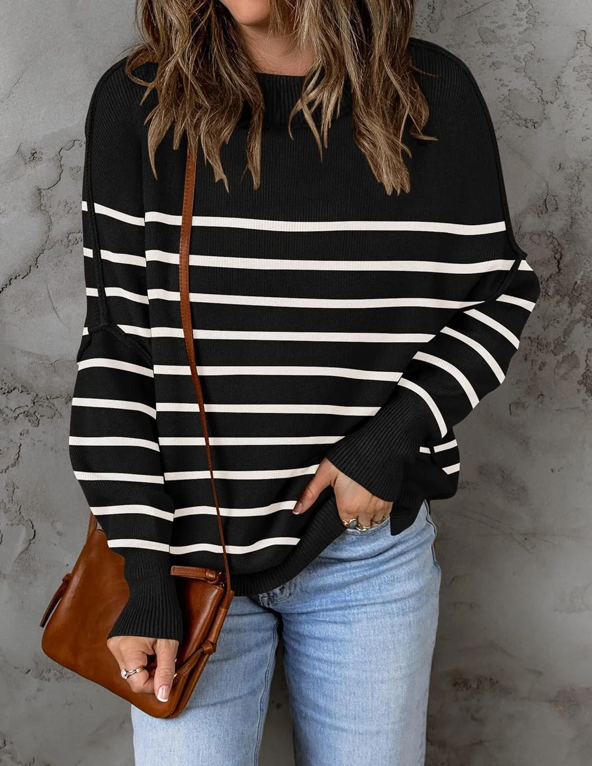ZESICA Women's Fall Casual Long Sleeve Crew Neck Side Slit Oversized Ribbed Knit Pullover Sweater Tops