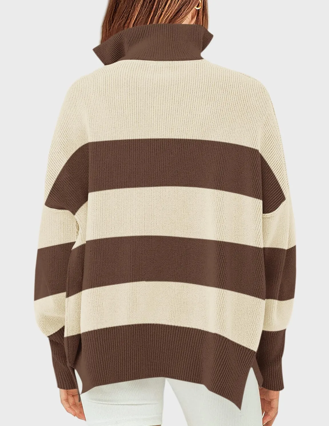 ZESICA Women's Striped Sweaters Half Zipper Long Sleeve Ribbed Knit Loose Oversized Pullover Sweater Tops