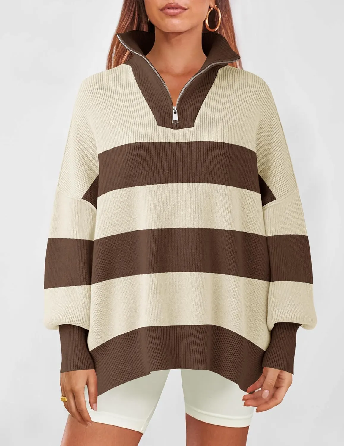 ZESICA Women's Striped Sweaters Half Zipper Long Sleeve Ribbed Knit Loose Oversized Pullover Sweater Tops
