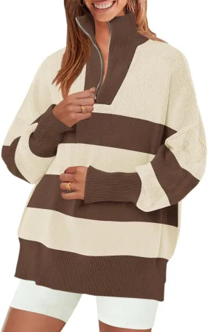 ZESICA Women's Striped Sweaters Half Zipper Long Sleeve Ribbed Knit Loose Oversized Pullover Sweater Tops