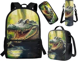ZFRXIGN Crocodile Backpack for School for Boys Cool Bookbag Lunch Box Pencil Case Water Bottle Holder with Strap Teenager Book Back Pack Large Capacity Sport Travel Satchel Green