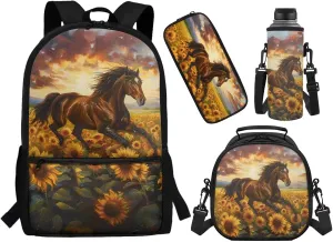 ZFRXIGN Horse Backpack for Kids with Lunch Box for School 8-10 Girls 3rd Grade Sunflower Pencil Case Water Cup Cover Middle Students Bookbag Large Capacity School Backpack
