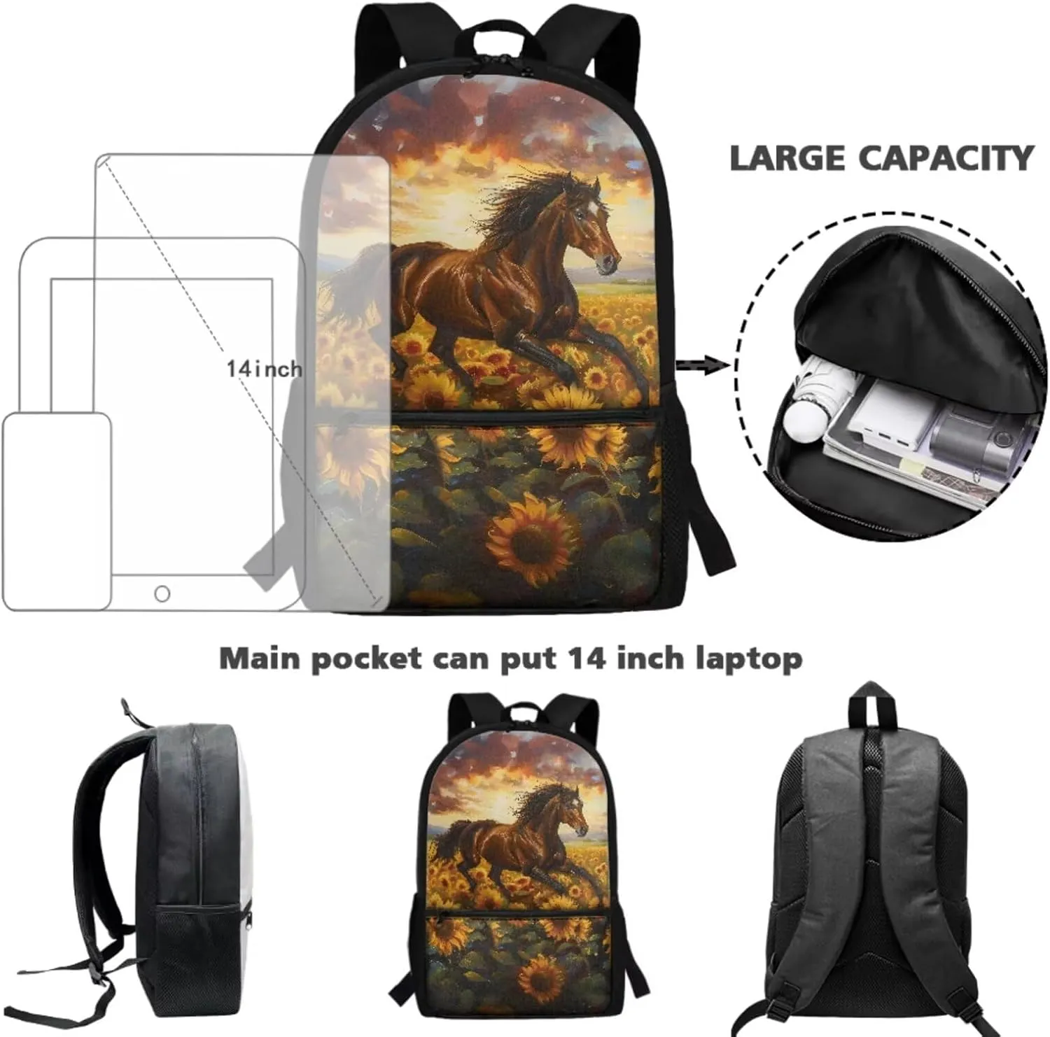 ZFRXIGN Horse Backpack for Kids with Lunch Box for School 8-10 Girls 3rd Grade Sunflower Pencil Case Water Cup Cover Middle Students Bookbag Large Capacity School Backpack