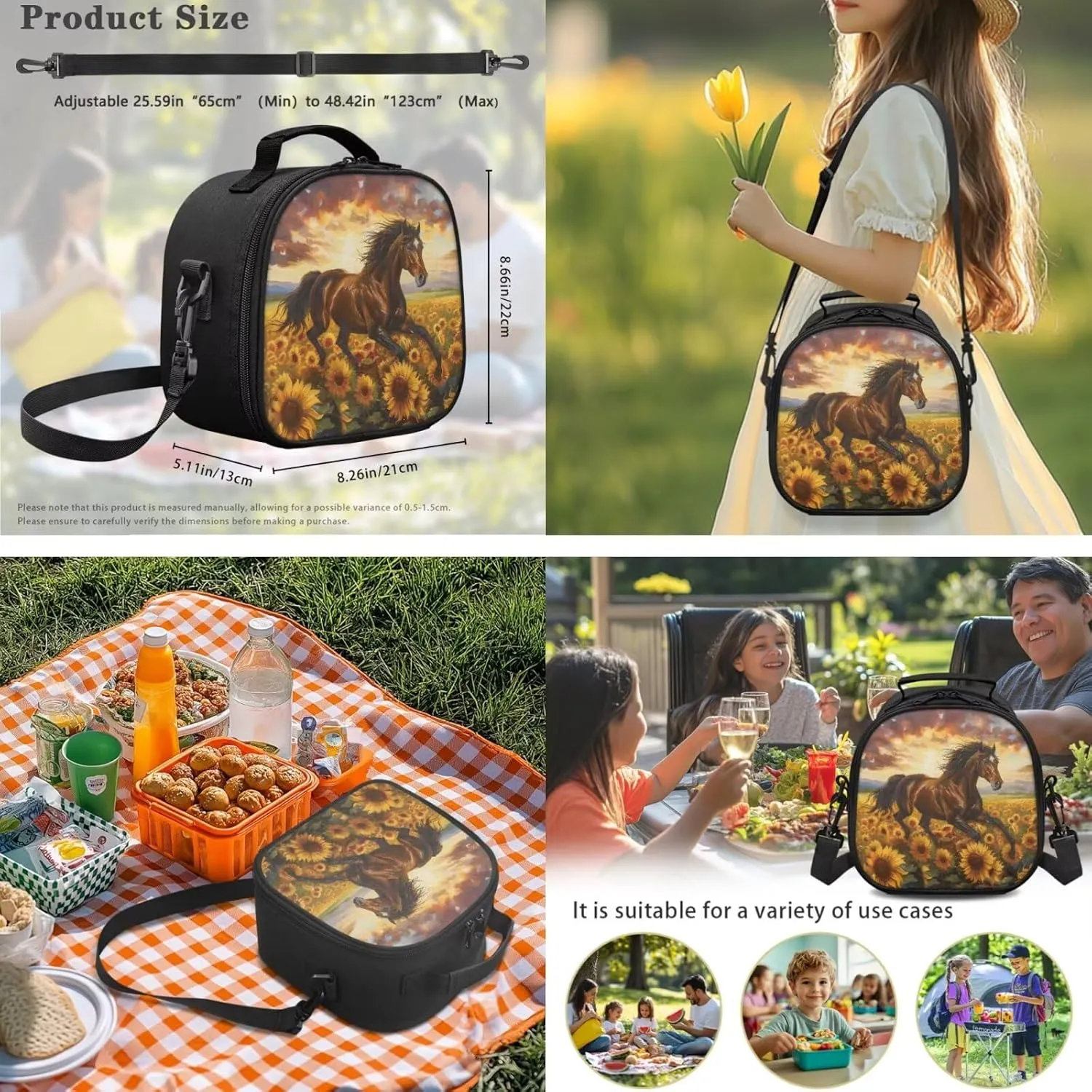 ZFRXIGN Horse Backpack for Kids with Lunch Box for School 8-10 Girls 3rd Grade Sunflower Pencil Case Water Cup Cover Middle Students Bookbag Large Capacity School Backpack