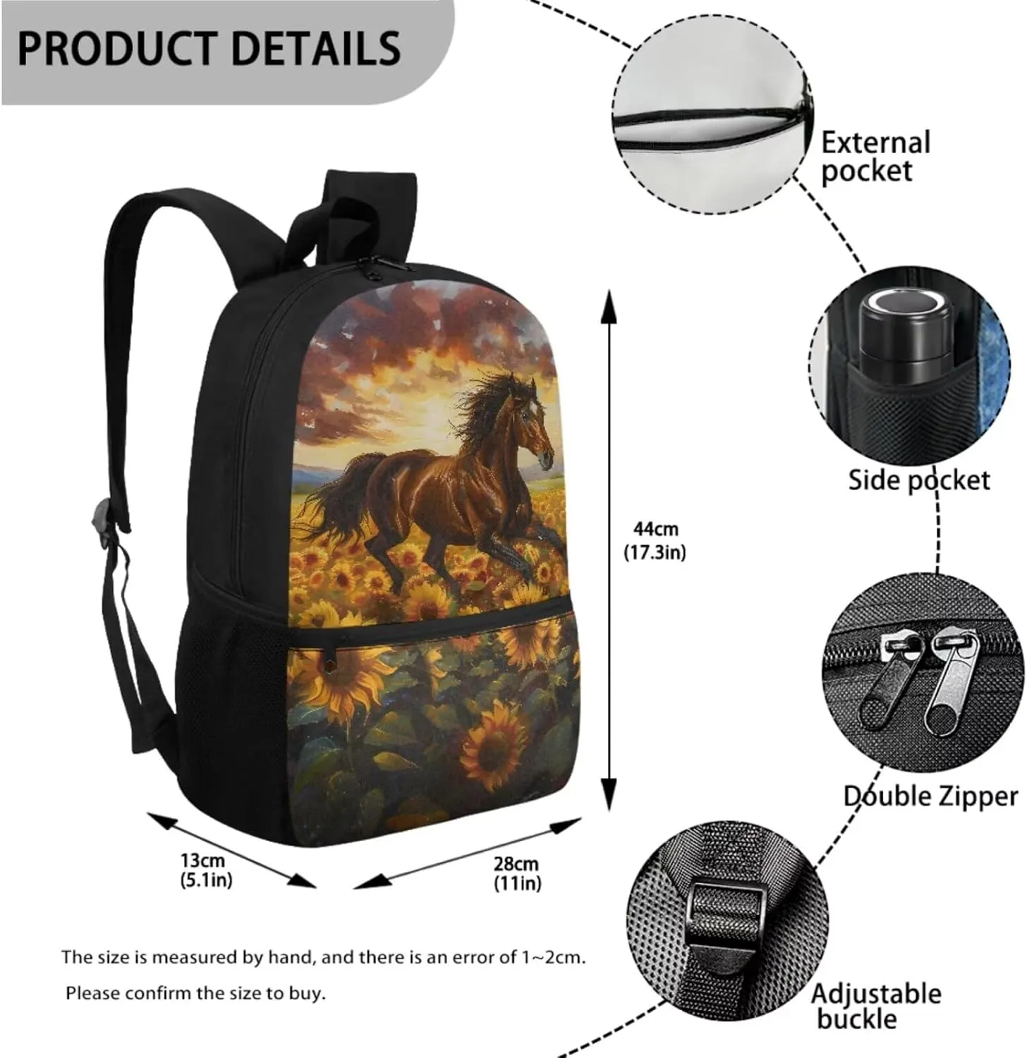 ZFRXIGN Horse Backpack for Kids with Lunch Box for School 8-10 Girls 3rd Grade Sunflower Pencil Case Water Cup Cover Middle Students Bookbag Large Capacity School Backpack
