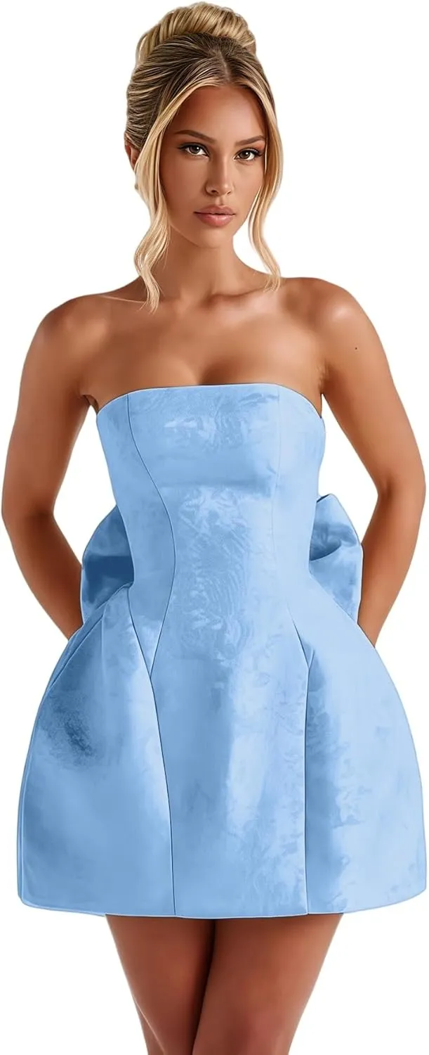 ZGMYC Jacquard Satin Homecoming Dress with Bow Elegant Strapless Mini Dress A Line Short Prom Dresses Party Gown