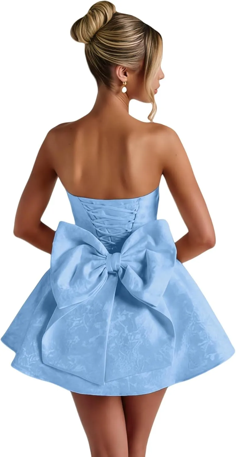 ZGMYC Jacquard Satin Homecoming Dress with Bow Elegant Strapless Mini Dress A Line Short Prom Dresses Party Gown