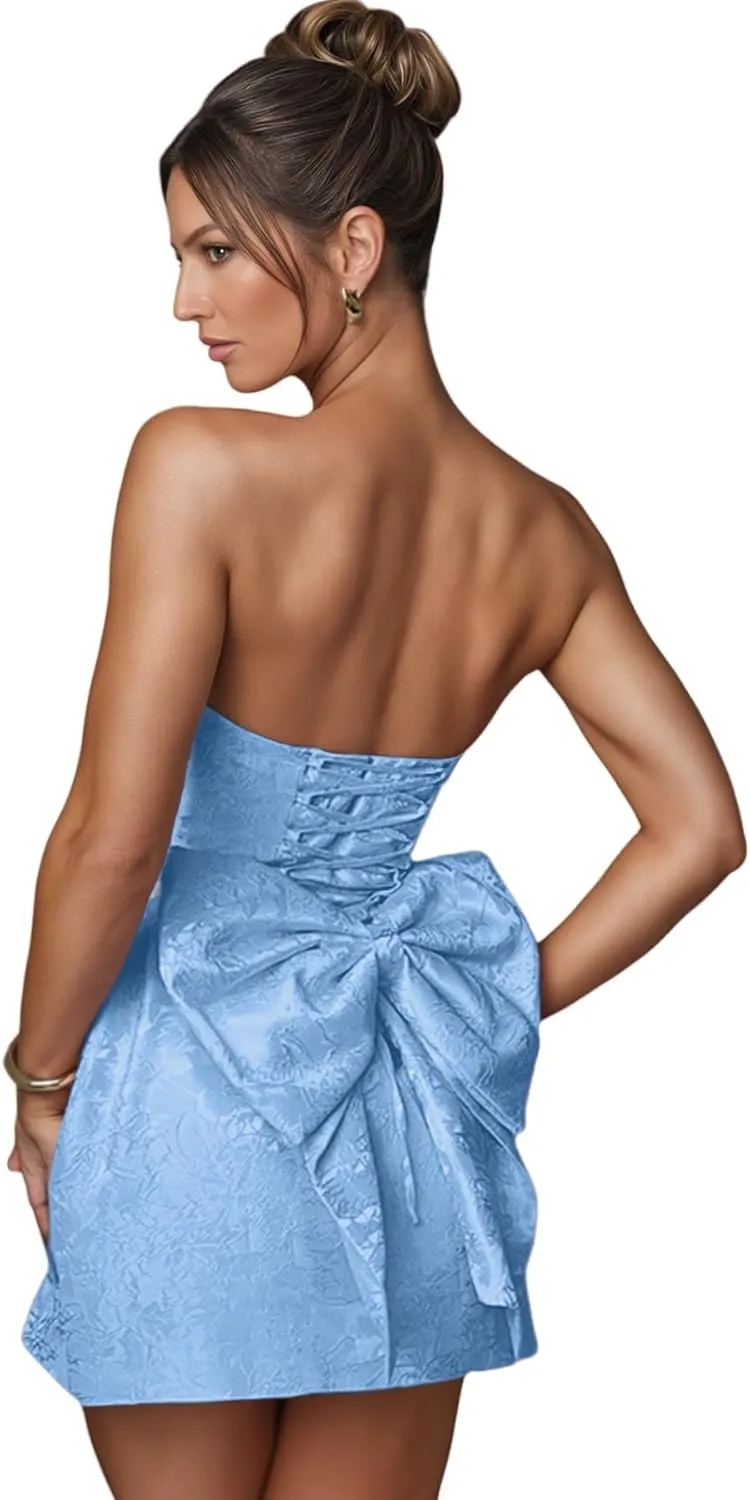 ZGMYC Jacquard Satin Homecoming Dress with Bow Elegant Strapless Mini Dress A Line Short Prom Dresses Party Gown