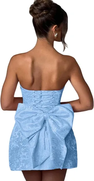 ZGMYC Jacquard Satin Homecoming Dress with Bow Elegant Strapless Mini Dress A Line Short Prom Dresses Party Gown