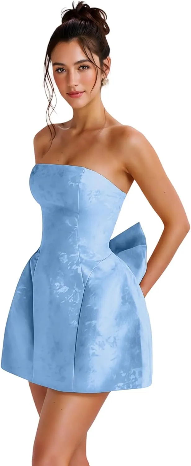 ZGMYC Jacquard Satin Homecoming Dress with Bow Elegant Strapless Mini Dress A Line Short Prom Dresses Party Gown