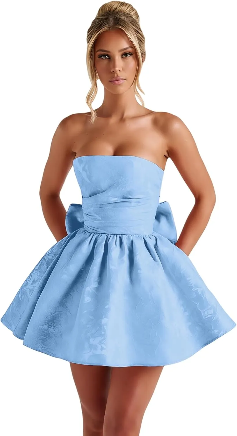 ZGMYC Jacquard Satin Homecoming Dress with Bow Elegant Strapless Mini Dress A Line Short Prom Dresses Party Gown