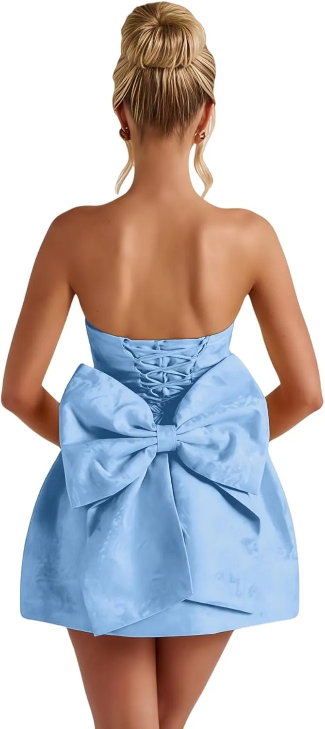 ZGMYC Jacquard Satin Homecoming Dress with Bow Elegant Strapless Mini Dress A Line Short Prom Dresses Party Gown