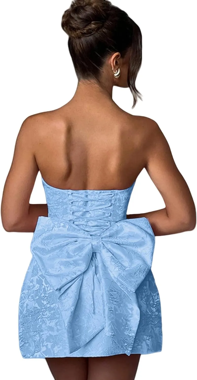 ZGMYC Jacquard Satin Homecoming Dress with Bow Elegant Strapless Mini Dress A Line Short Prom Dresses Party Gown