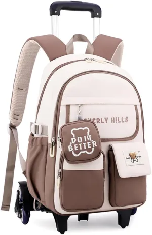 ZHANAO Color-blocking Rolling Backpack for Girls,Kawaii School Bag with Wheels,Trolley Bookbags for Primary Students