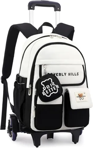ZHANAO Color-blocking Rolling Backpack for Girls,Kawaii School Bag with Wheels,Trolley Bookbags for Primary Students