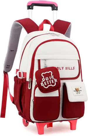 ZHANAO Color-blocking Rolling Backpack for Girls,Kawaii School Bag with Wheels,Trolley Bookbags for Primary Students